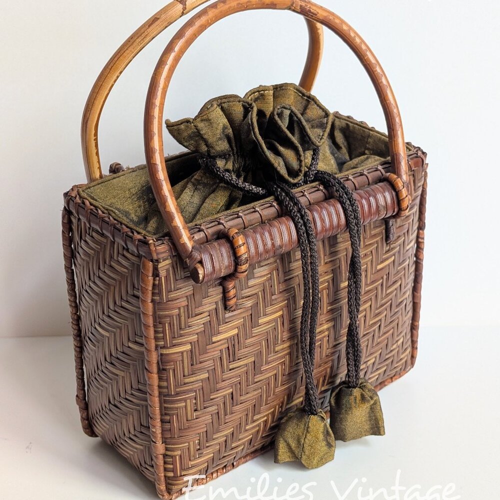 Vintage Woven Bamboo Basket Bag Drawstring Purse